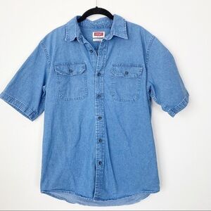 WRANGLER Mens Denim Button Front Short Sleeve Shirt Grunge Medium Oversized